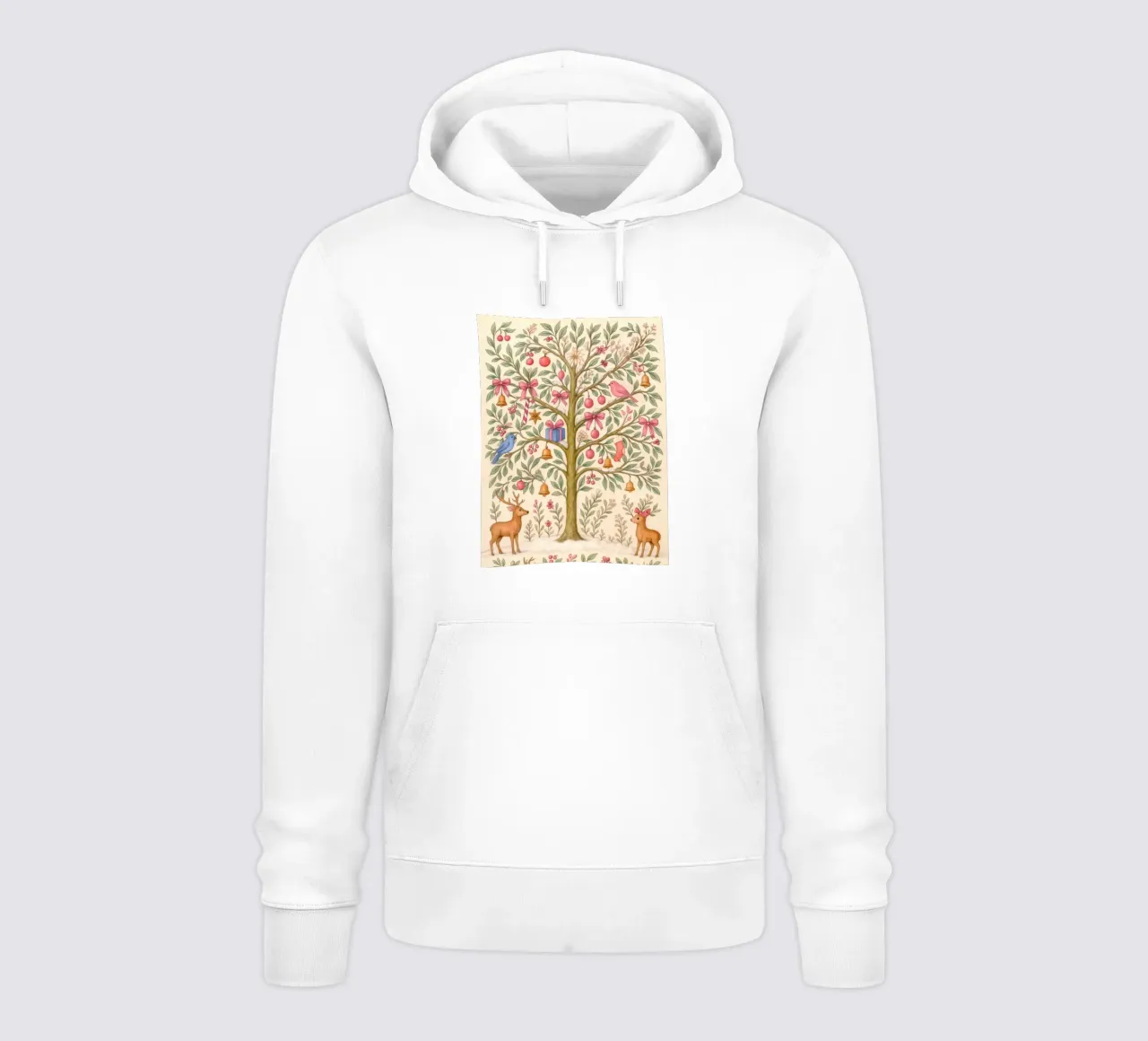 Stravagante albero di Natale rosa con cervi, uccelli e fiocchi felpa con cappuccio da GentleEchoes Dreamlight