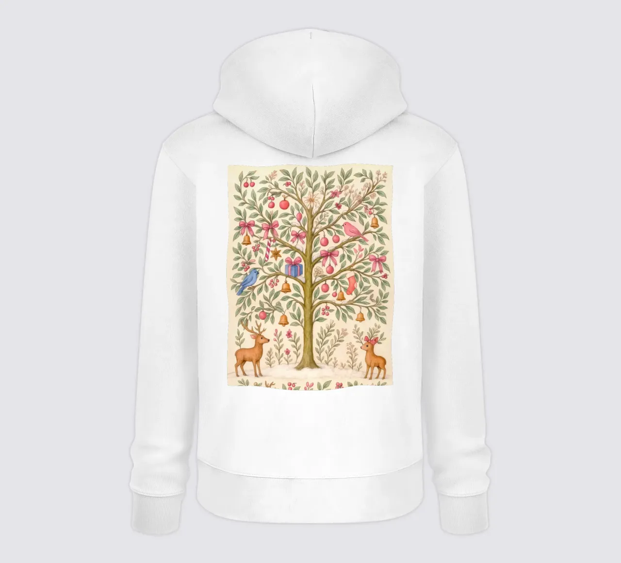 Stravagante albero di Natale rosa con cervi, uccelli e fiocchi felpa con cappuccio da GentleEchoes Dreamlight