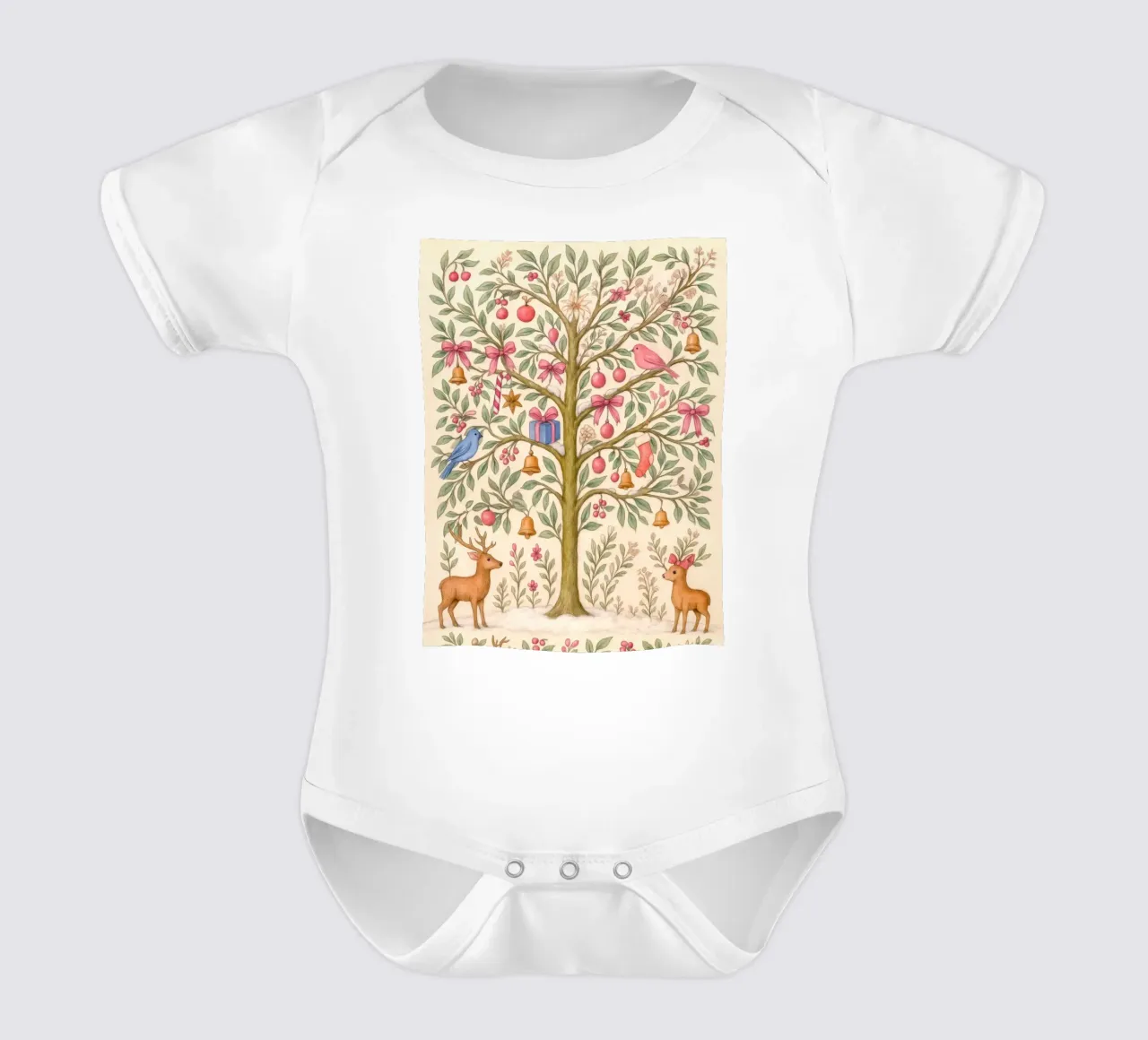Stravagante albero di Natale rosa con cervi, uccelli e fiocchi body neonato maniche corte da GentleEchoes Dreamlight