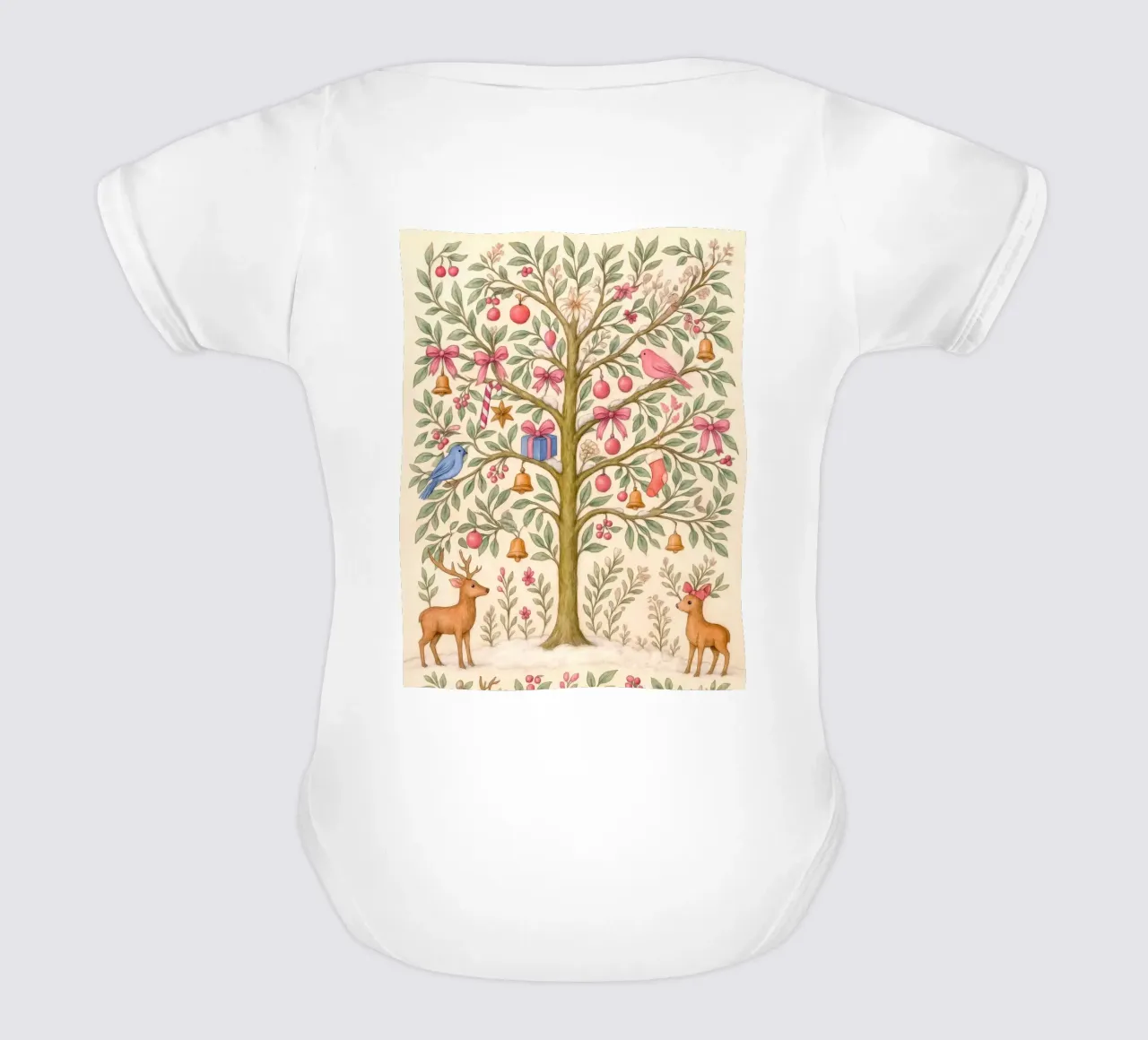 Stravagante albero di Natale rosa con cervi, uccelli e fiocchi body neonato maniche corte da GentleEchoes Dreamlight