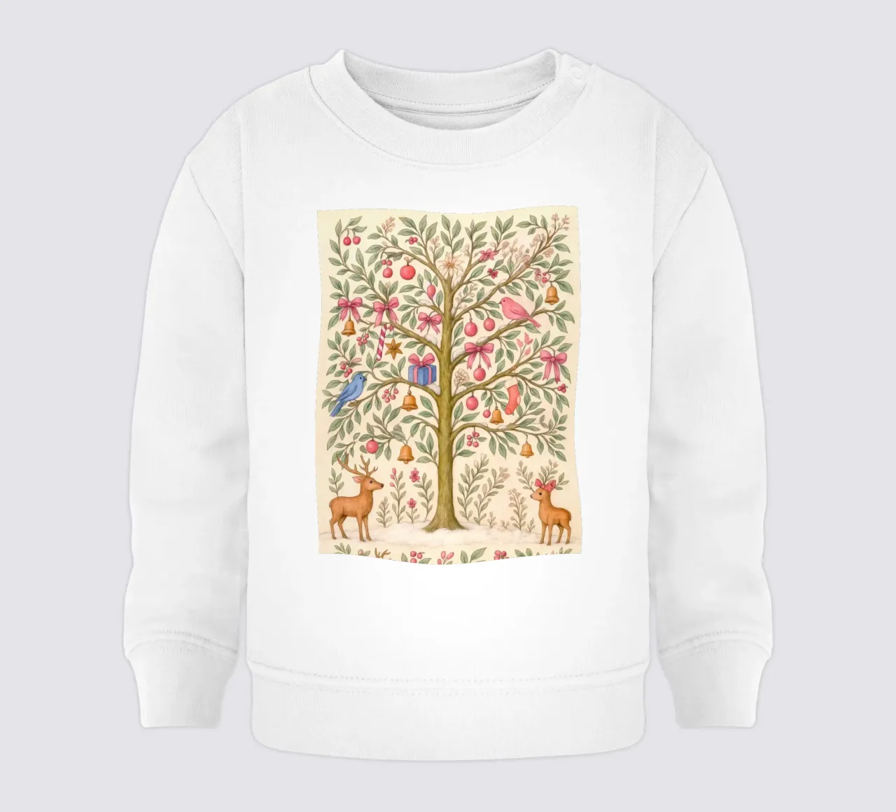 Stravagante albero di Natale rosa con cervi, uccelli e fiocchi felpa neonato da GentleEchoes Dreamlight