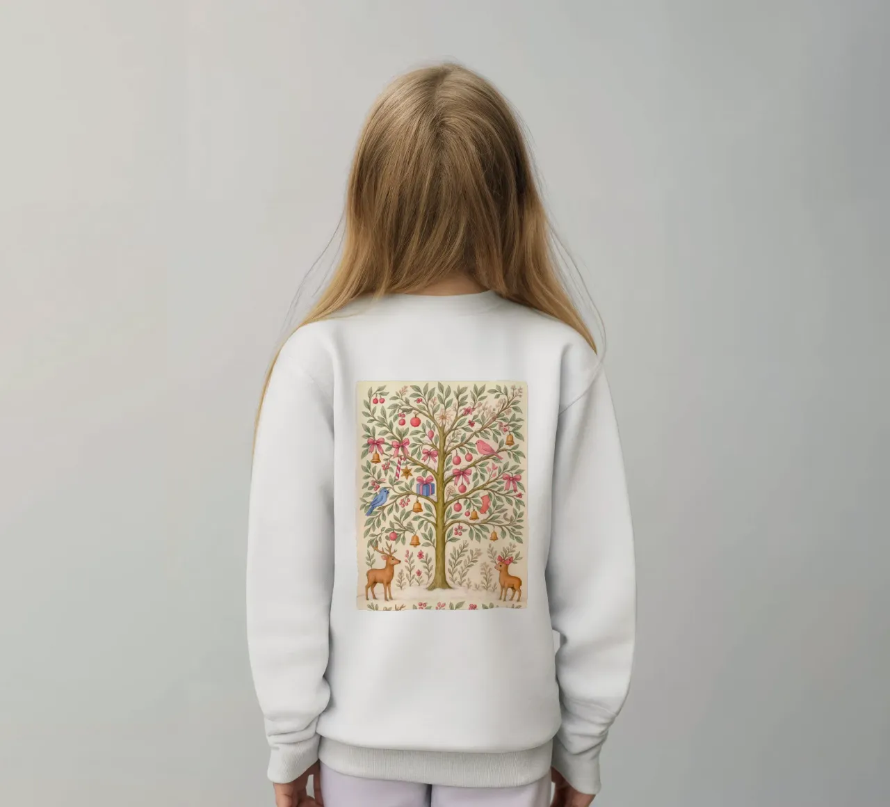Caprichoso árbol de Navidad rosa con ciervos, pájaros y lazos sudadera para niño de GentleEchoes Dreamlight