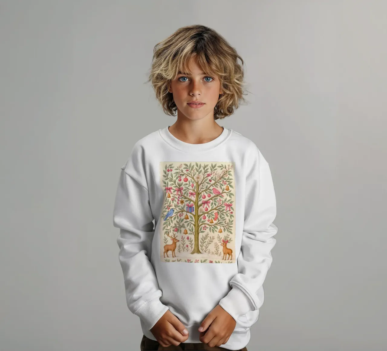Caprichoso árbol de Navidad rosa con ciervos, pájaros y lazos sudadera para niño de GentleEchoes Dreamlight