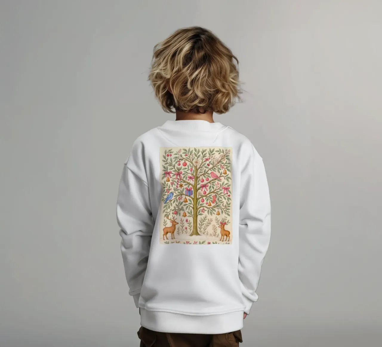 Caprichoso árbol de Navidad rosa con ciervos, pájaros y lazos sudadera para niño de GentleEchoes Dreamlight