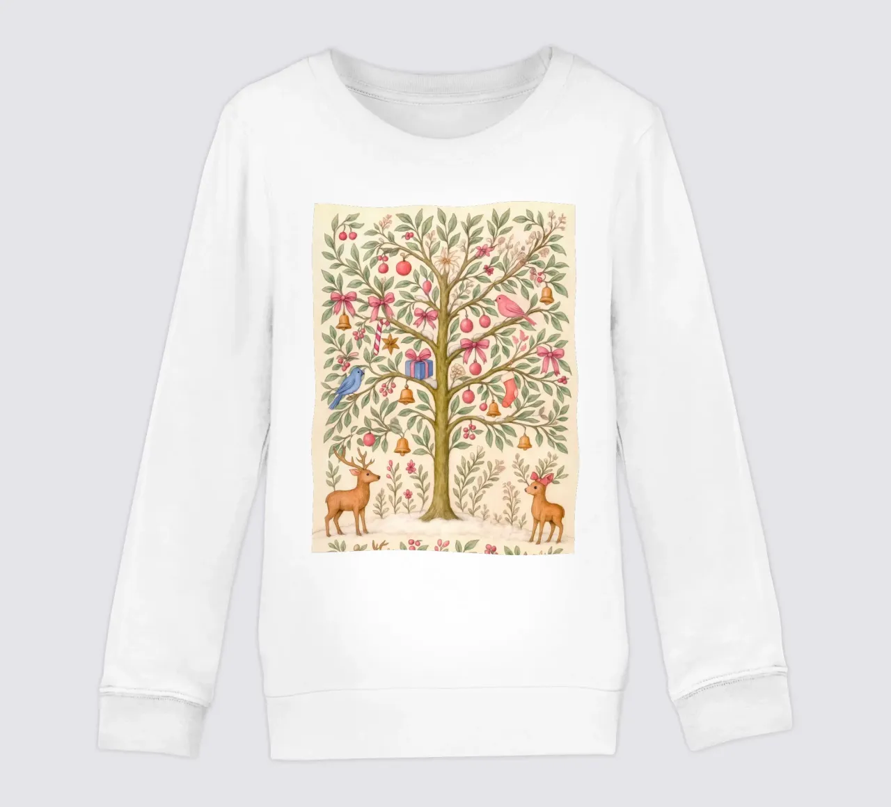 Caprichoso árbol de Navidad rosa con ciervos, pájaros y lazos sudadera para niño de GentleEchoes Dreamlight