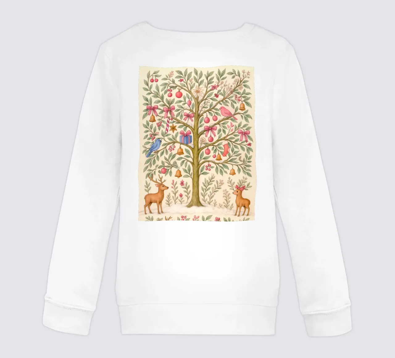 Caprichoso árbol de Navidad rosa con ciervos, pájaros y lazos sudadera para niño de GentleEchoes Dreamlight