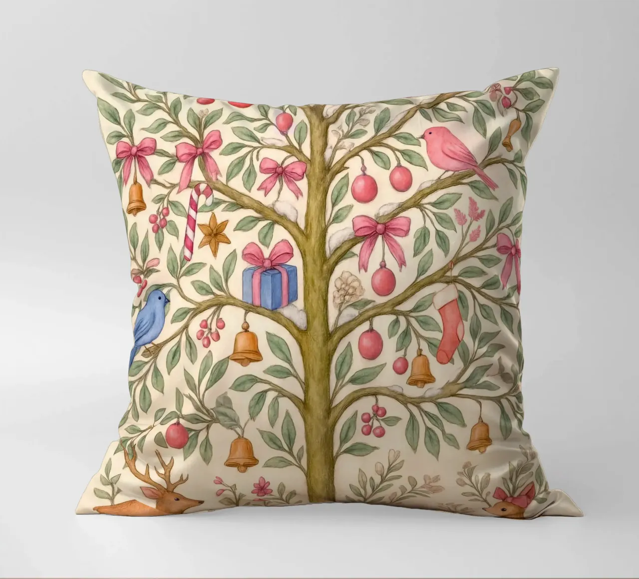 Stravagante albero di Natale rosa con cervi, uccelli e fiocchi cuscino da GentleEchoes Dreamlight