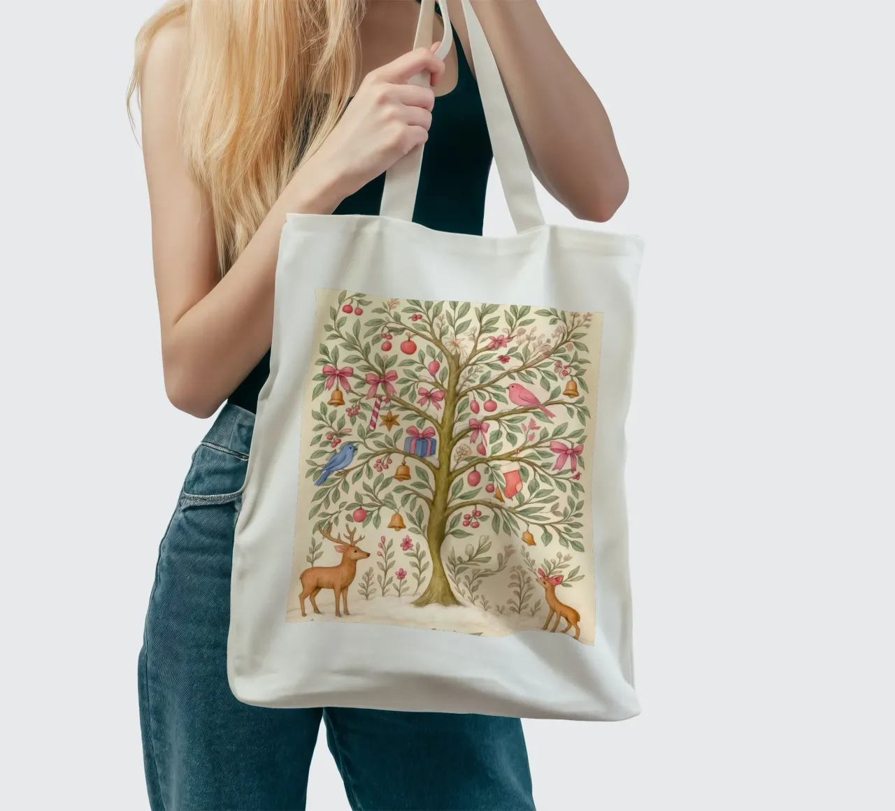 Stravagante albero di Natale rosa con cervi, uccelli e fiocchi borsa in juta da GentleEchoes Dreamlight
