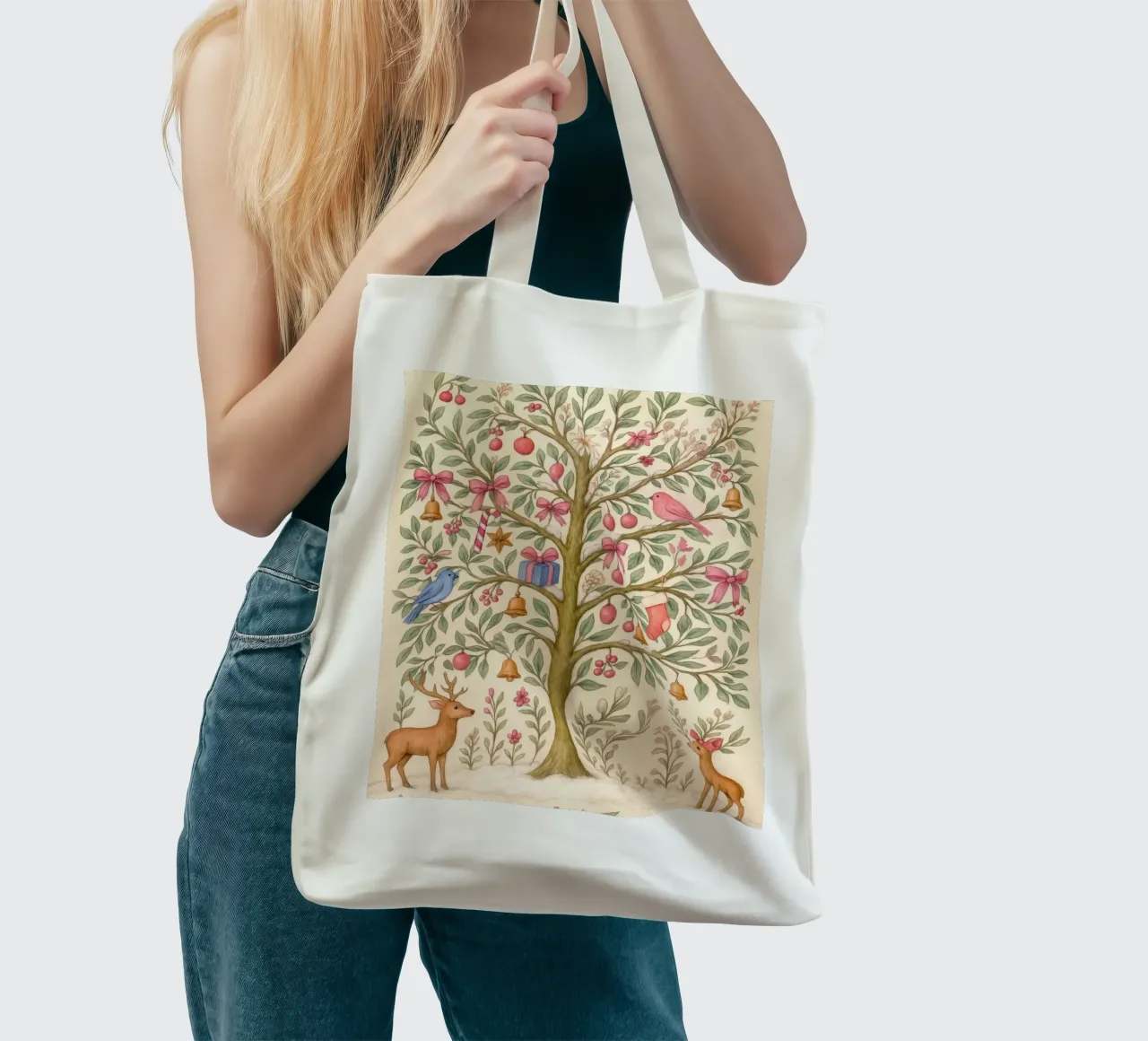 Stravagante albero di Natale rosa con cervi, uccelli e fiocchi borsa in juta da GentleEchoes Dreamlight