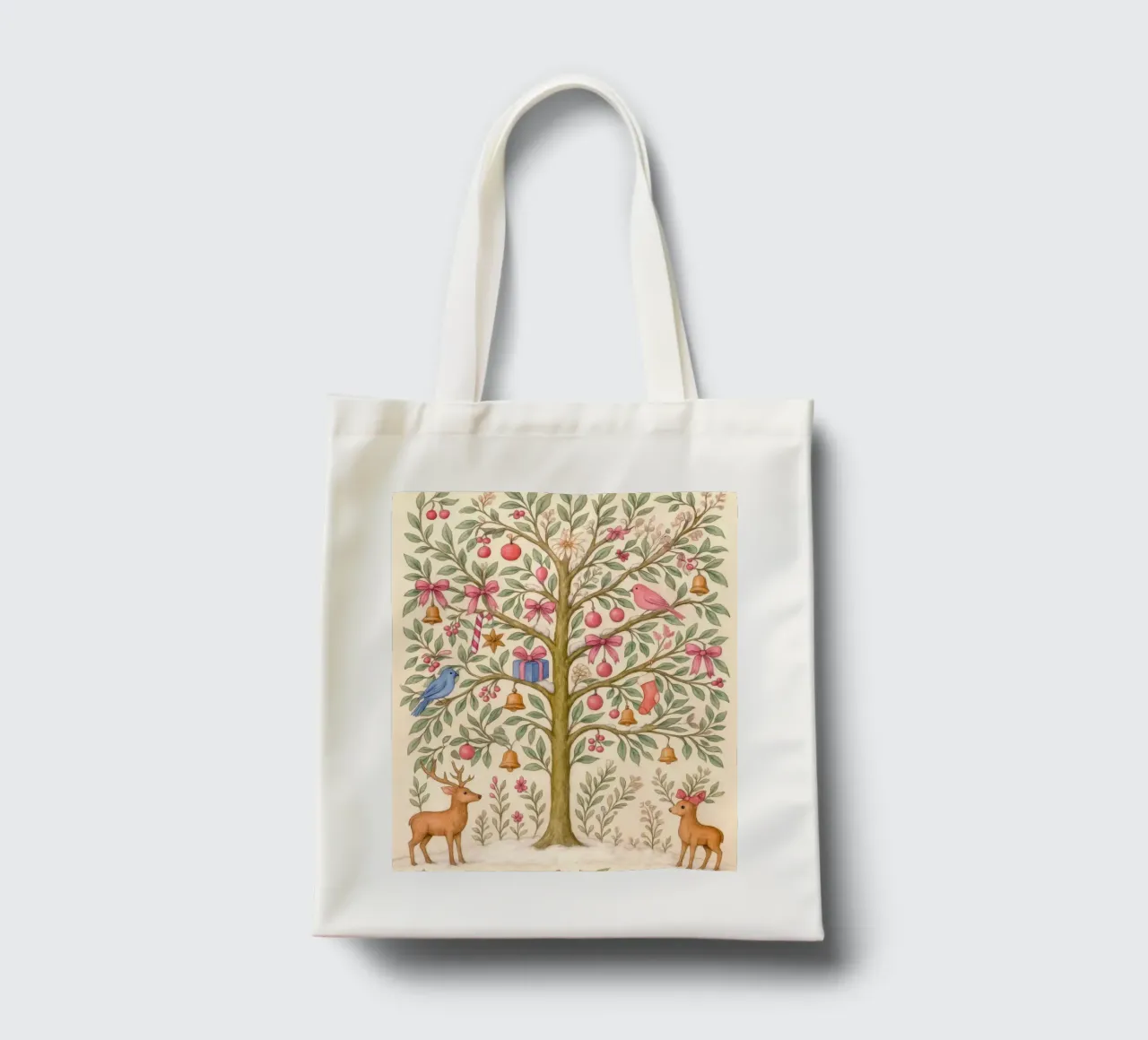 Stravagante albero di Natale rosa con cervi, uccelli e fiocchi borsa in juta da GentleEchoes Dreamlight