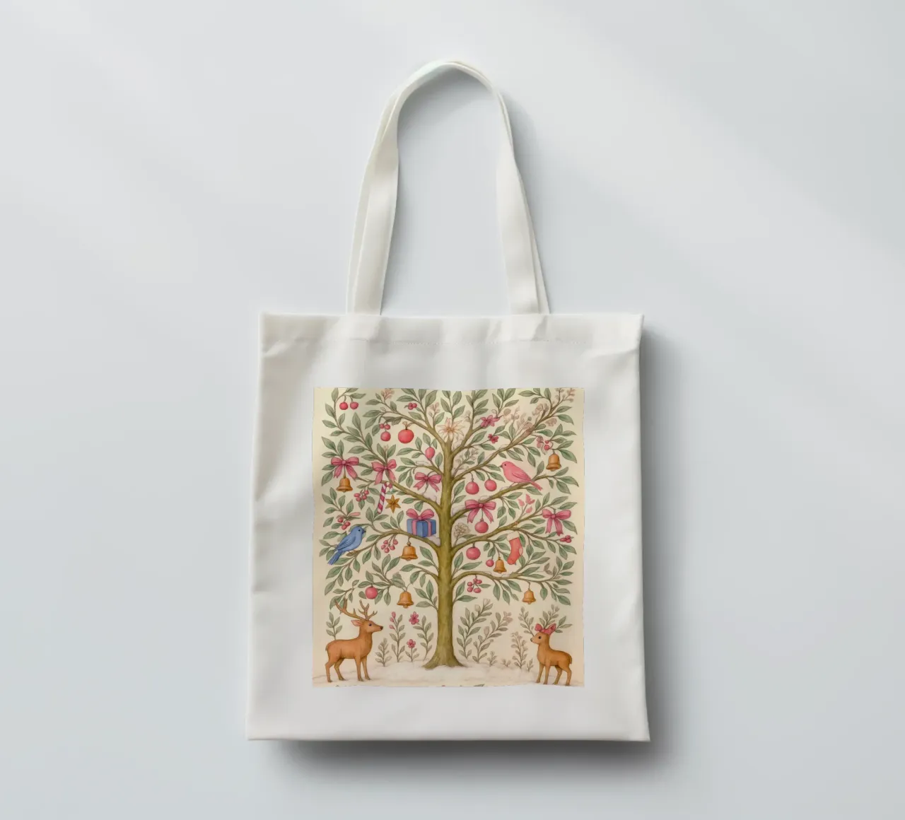 Stravagante albero di Natale rosa con cervi, uccelli e fiocchi borsa in juta da GentleEchoes Dreamlight