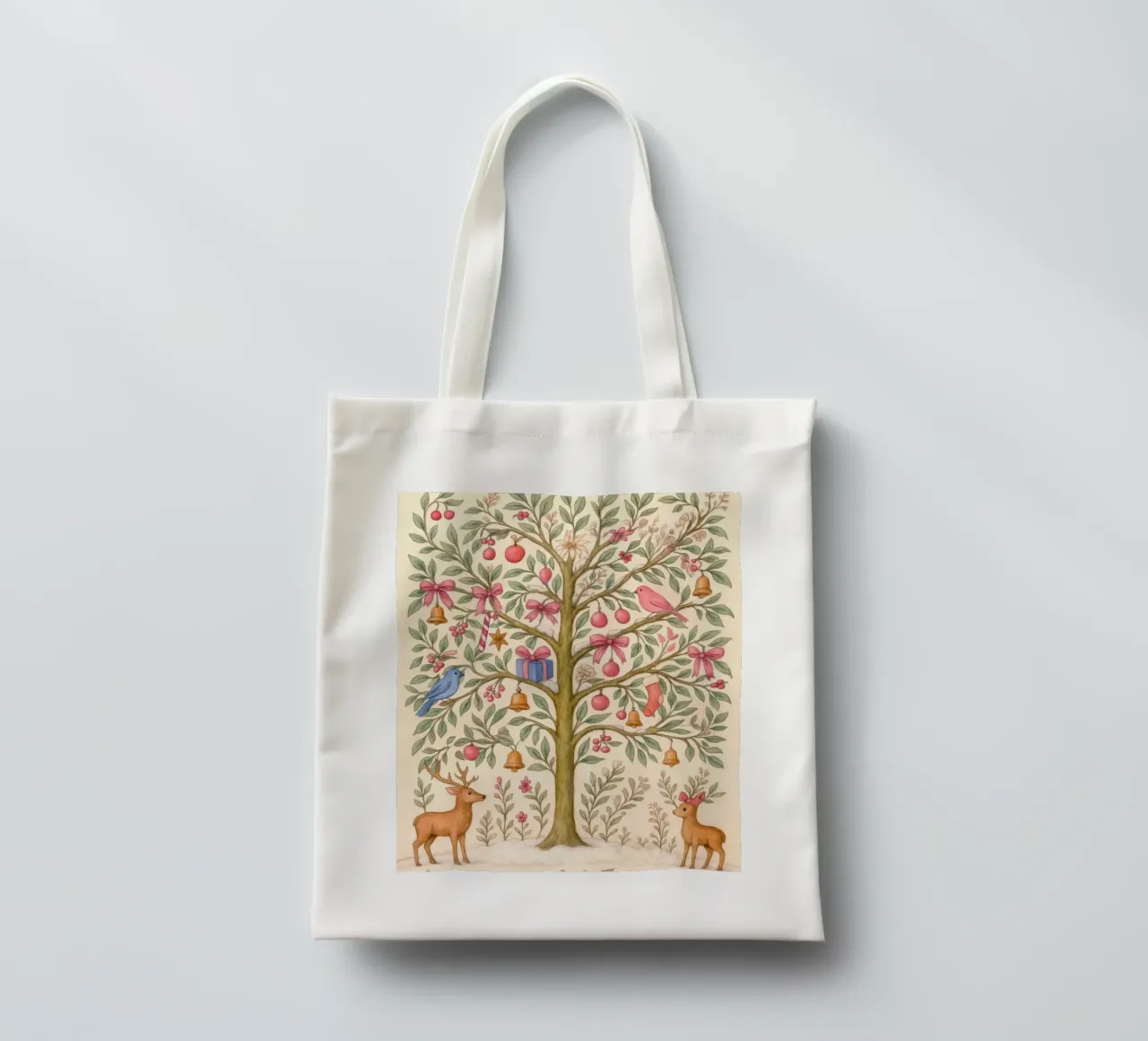 Stravagante albero di Natale rosa con cervi, uccelli e fiocchi borsa in juta da GentleEchoes Dreamlight
