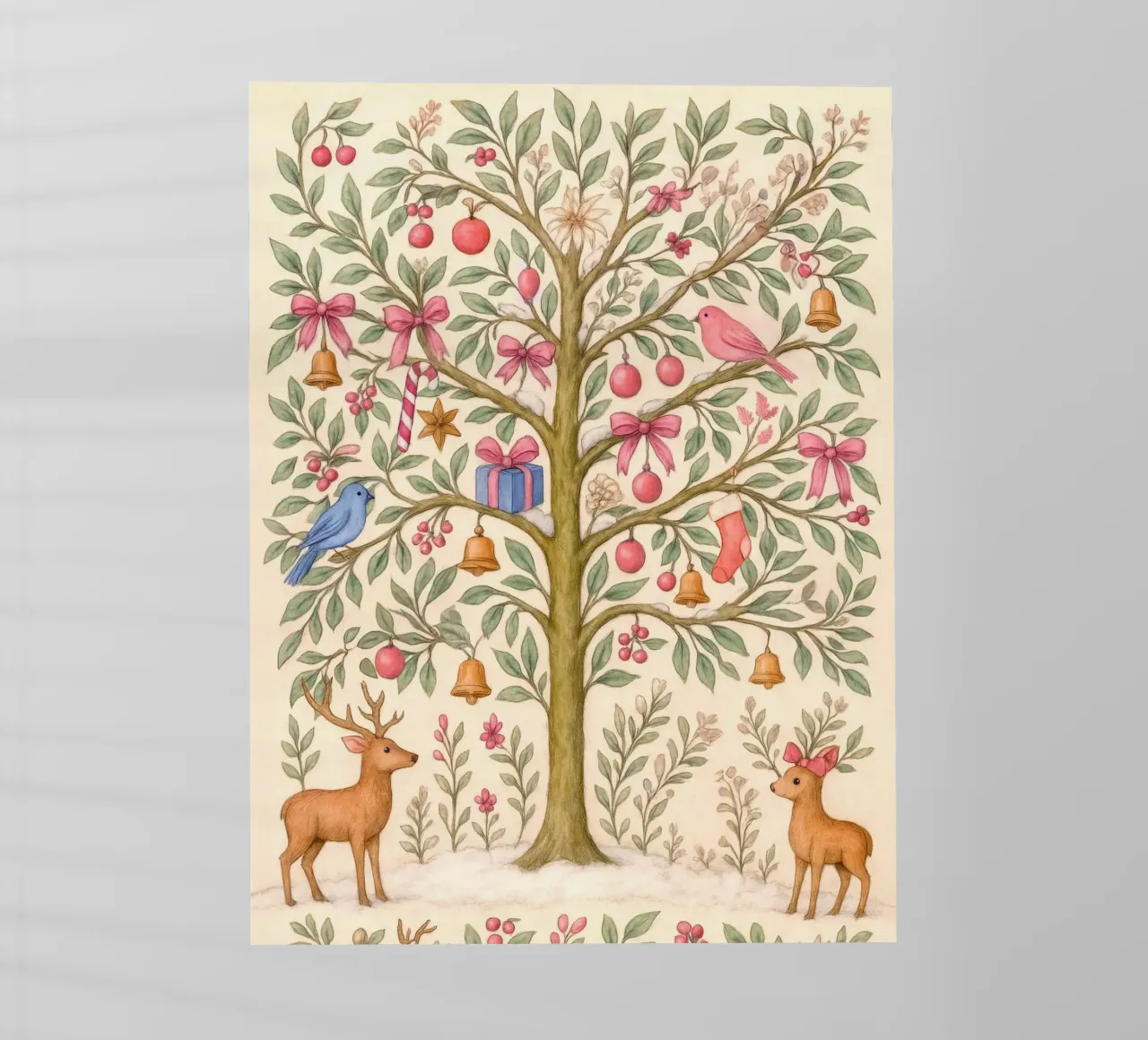 Stravagante albero di Natale rosa con cervi, uccelli e fiocchi pellicola backlit da GentleEchoes Dreamlight