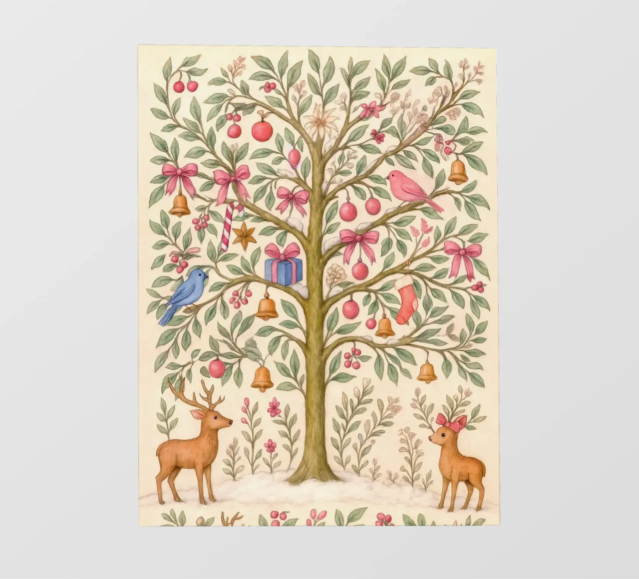 Stravagante albero di Natale rosa con cervi, uccelli e fiocchi pellicola backlit da GentleEchoes Dreamlight