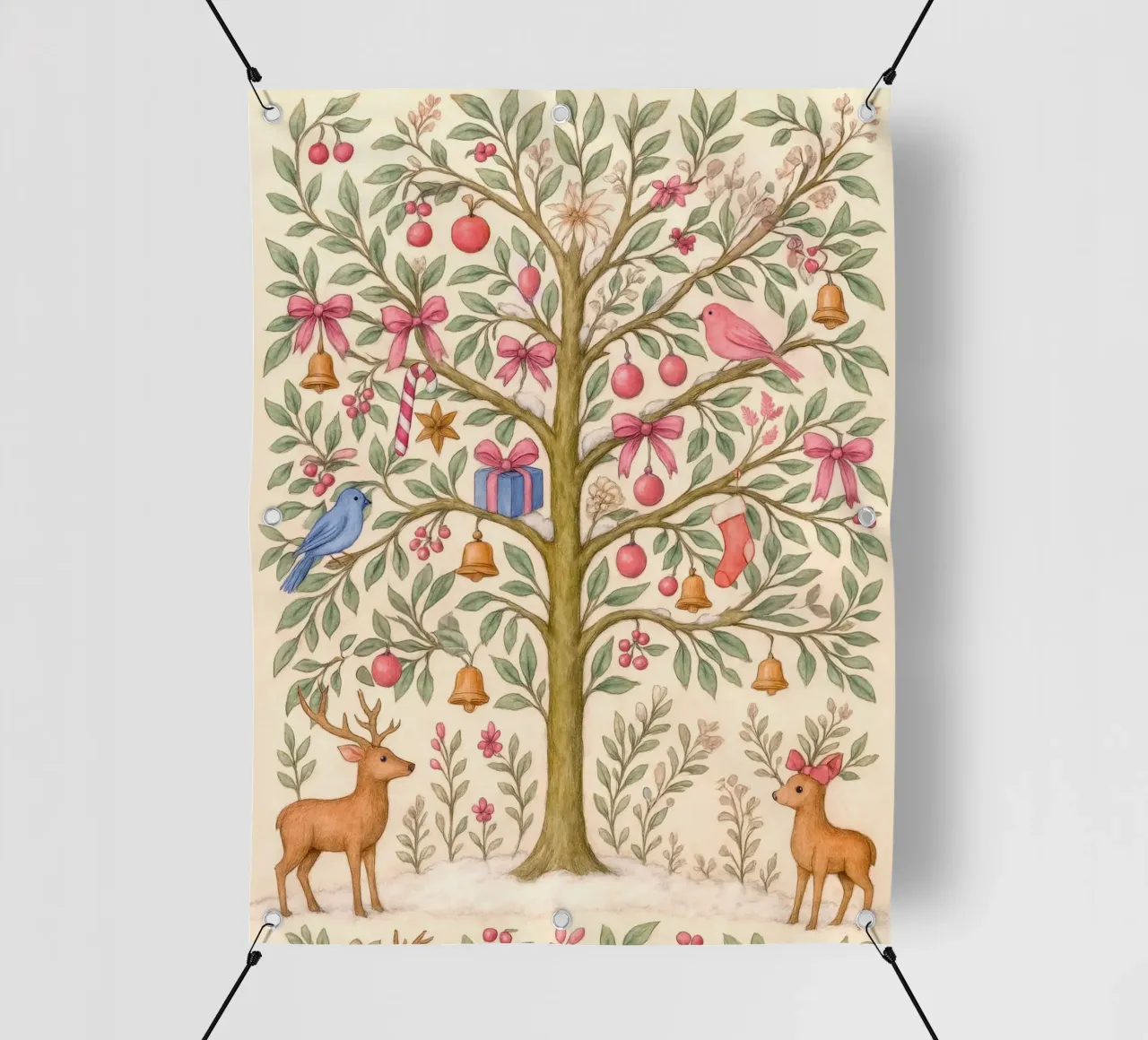 Stravagante albero di Natale rosa con cervi, uccelli e fiocchi telo in pvc da GentleEchoes Dreamlight