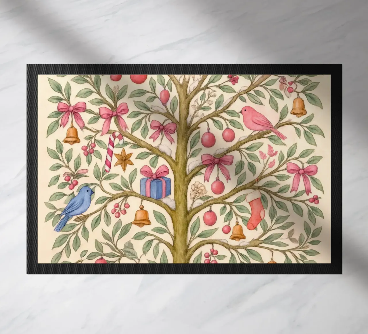 Stravagante albero di Natale rosa con cervi, uccelli e fiocchi zerbino da GentleEchoes Dreamlight