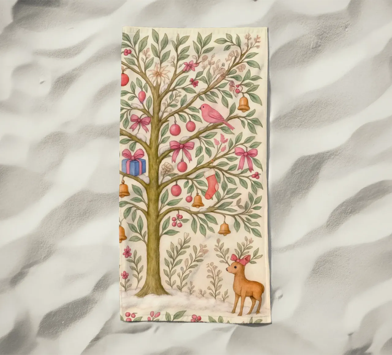 Stravagante albero di Natale rosa con cervi, uccelli e fiocchi telo mare da GentleEchoes Dreamlight