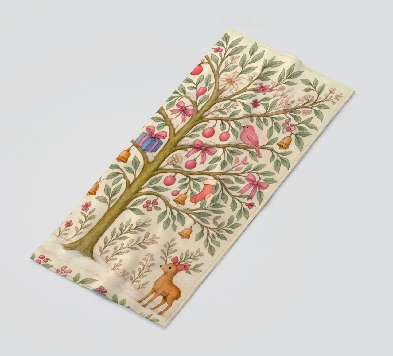 Stravagante albero di Natale rosa con cervi, uccelli e fiocchi telo mare da GentleEchoes Dreamlight