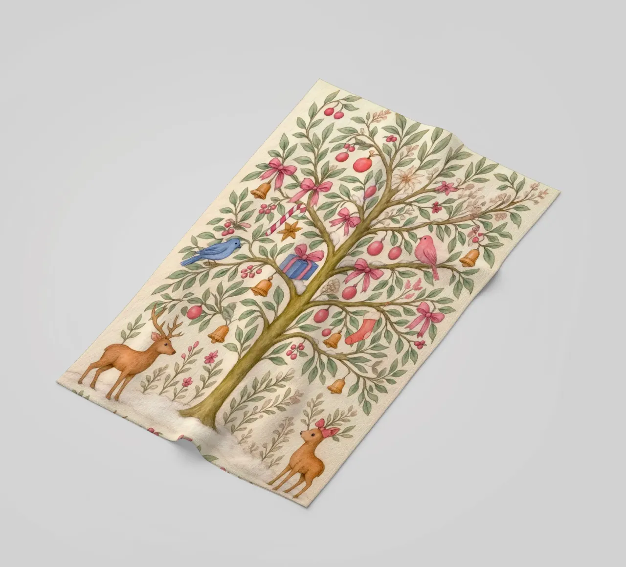 Stravagante albero di Natale rosa con cervi, uccelli e fiocchi telo mare da GentleEchoes Dreamlight