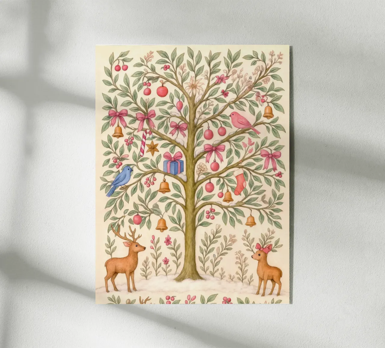 Stravagante albero di Natale rosa con cervi, uccelli e fiocchi plexiglass da GentleEchoes Dreamlight
