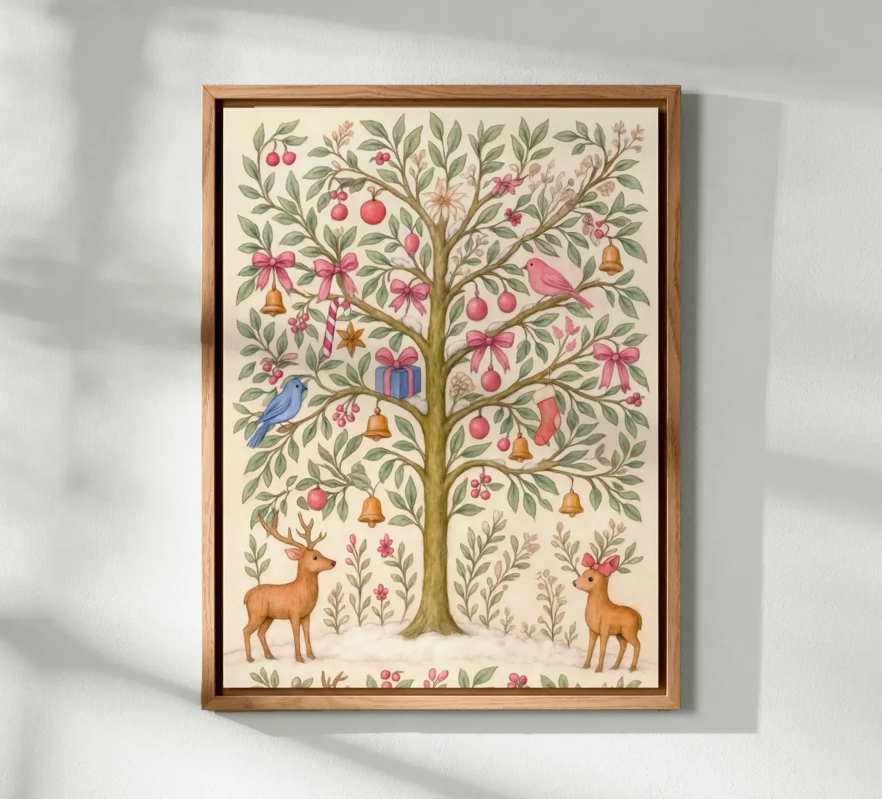 Stravagante albero di Natale rosa con cervi, uccelli e fiocchi alluminio dibond da GentleEchoes Dreamlight