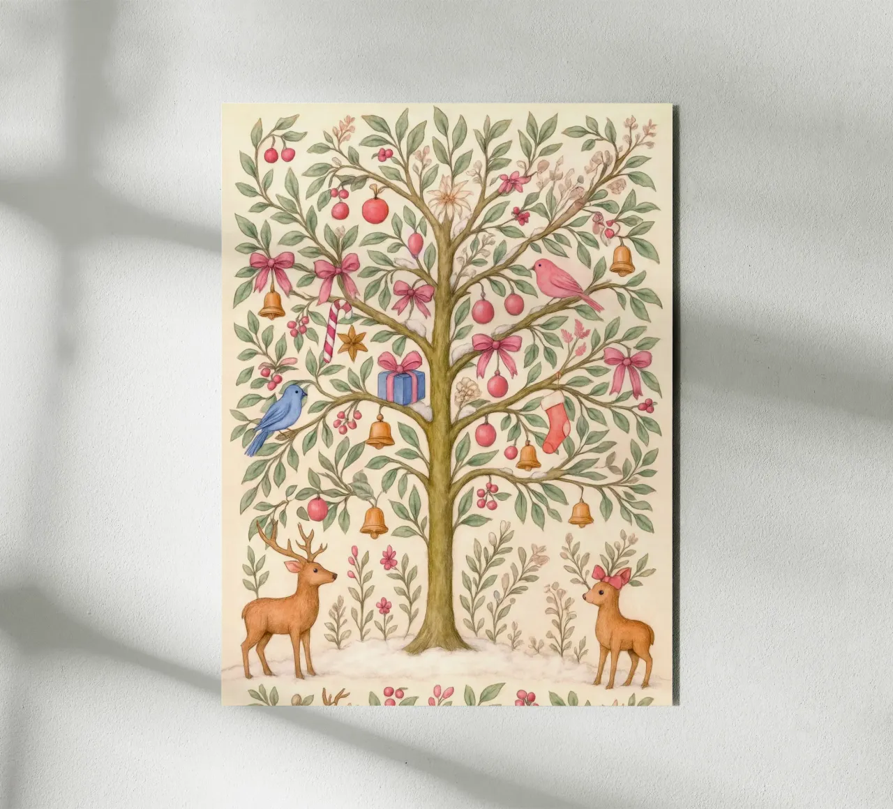Stravagante albero di Natale rosa con cervi, uccelli e fiocchi alluminio dibond da GentleEchoes Dreamlight