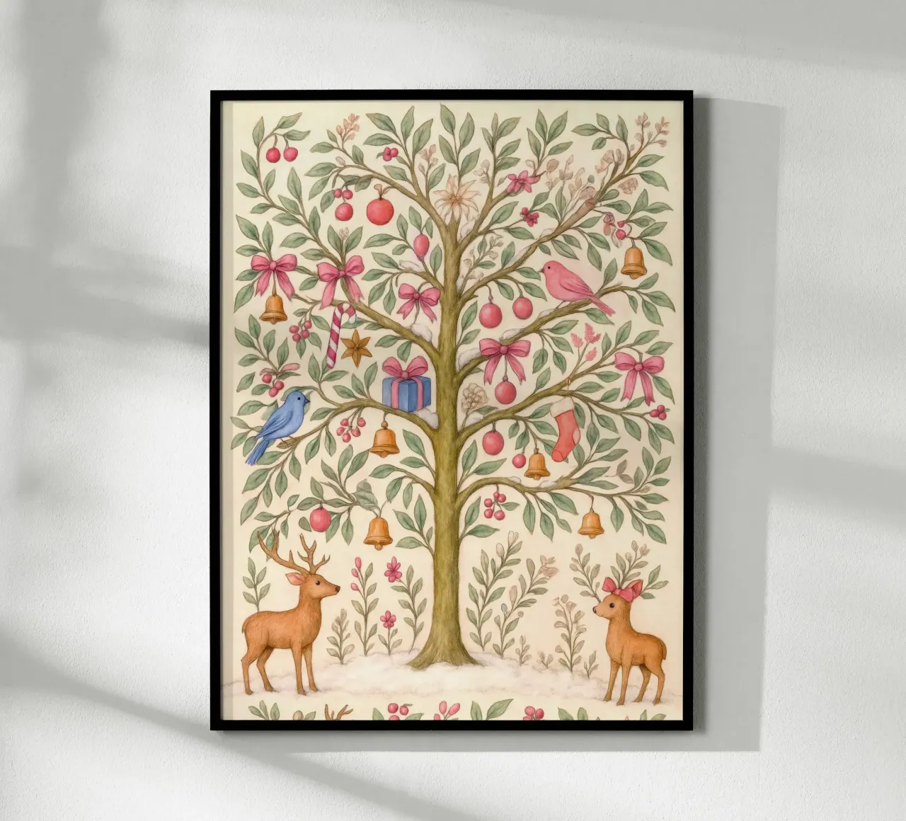 Caprichoso árbol de Navidad rosa con ciervos, pájaros y lazos hahnemühle de GentleEchoes Dreamlight
