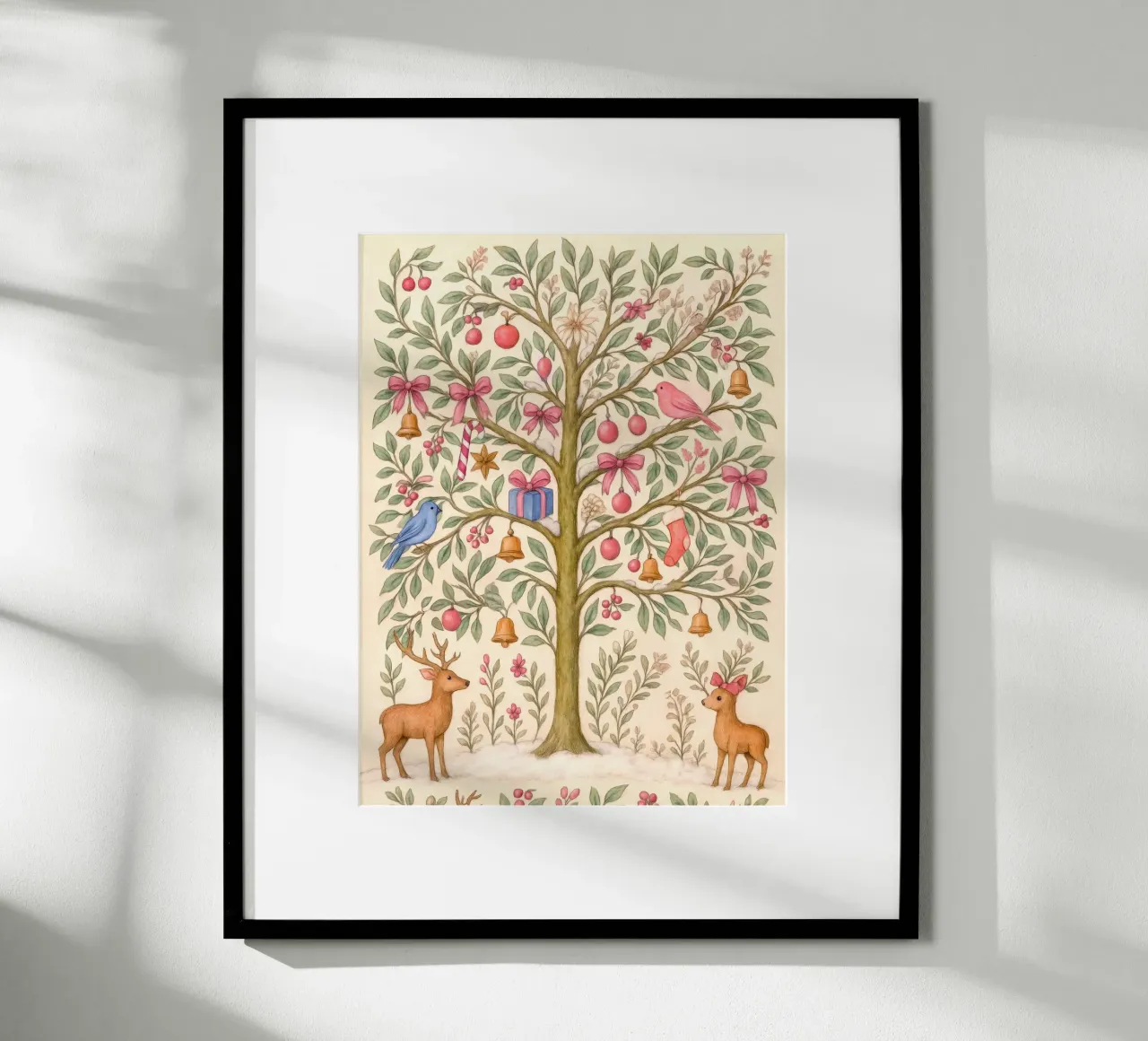 Caprichoso árbol de Navidad rosa con ciervos, pájaros y lazos hahnemühle de GentleEchoes Dreamlight