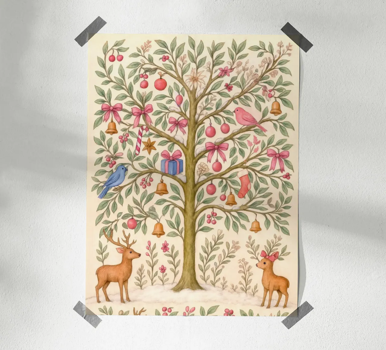 Caprichoso árbol de Navidad rosa con ciervos, pájaros y lazos hahnemühle de GentleEchoes Dreamlight