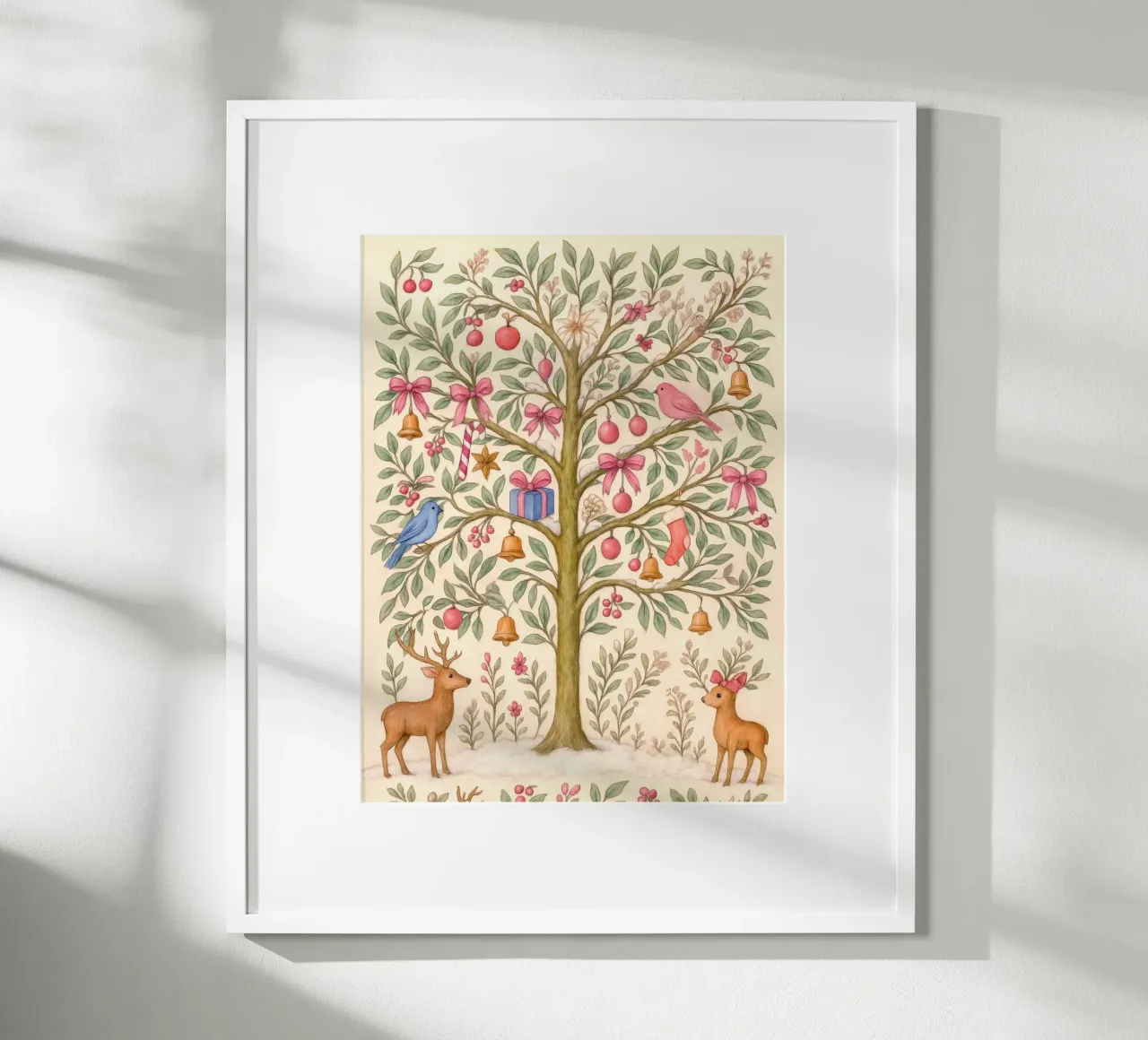 Caprichoso árbol de Navidad rosa con ciervos, pájaros y lazos hahnemühle de GentleEchoes Dreamlight