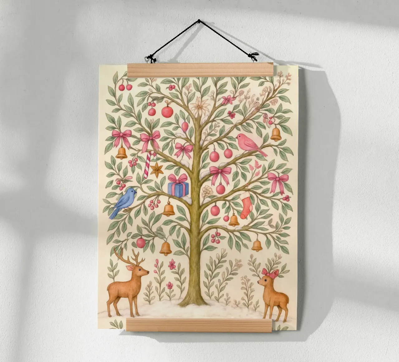 Caprichoso árbol de Navidad rosa con ciervos, pájaros y lazos hahnemühle de GentleEchoes Dreamlight