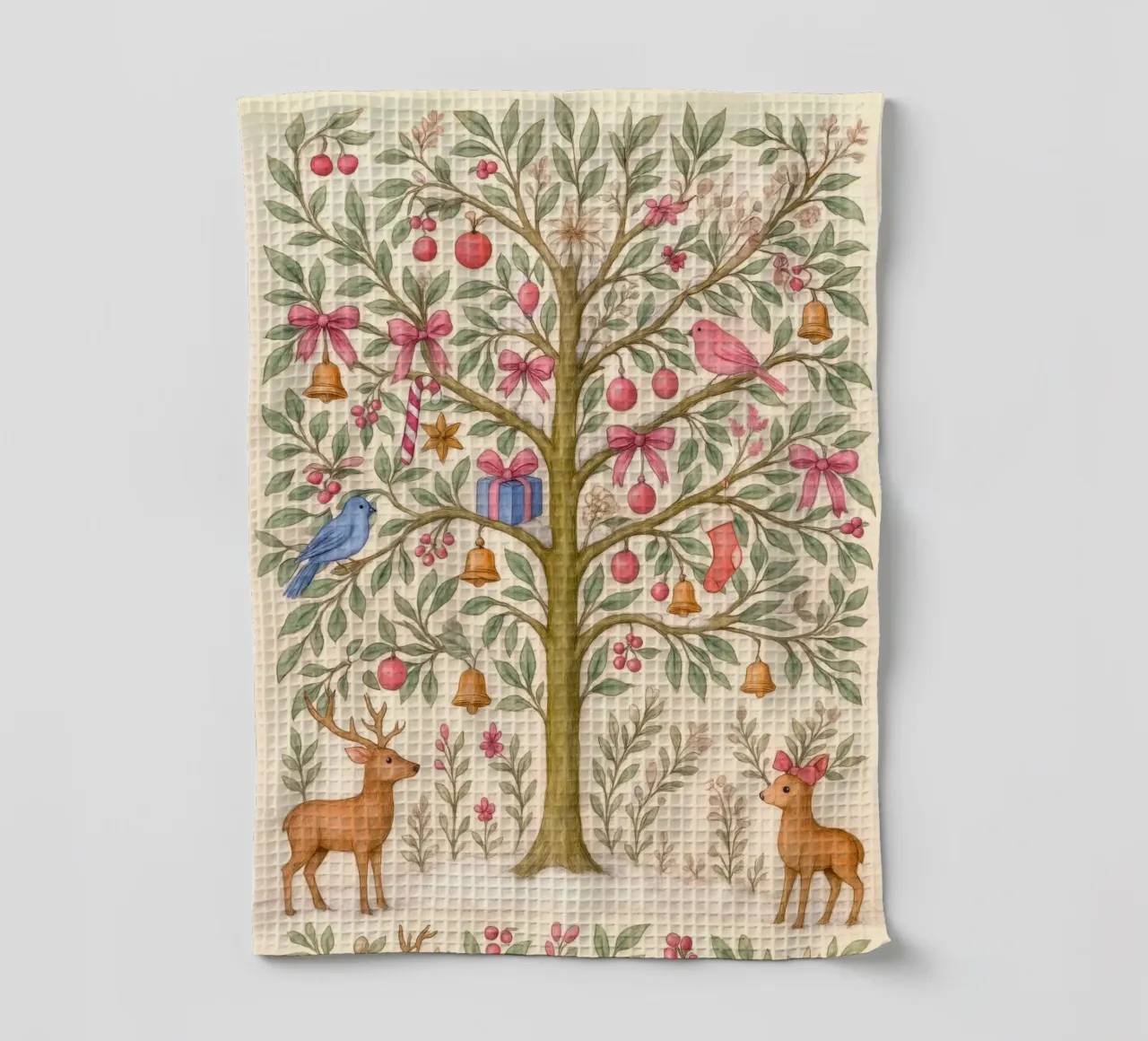 Stravagante albero di Natale rosa con cervi, uccelli e fiocchi canovaccio da cucina da GentleEchoes Dreamlight