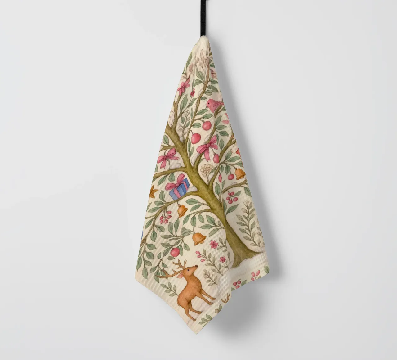 Stravagante albero di Natale rosa con cervi, uccelli e fiocchi canovaccio da cucina da GentleEchoes Dreamlight