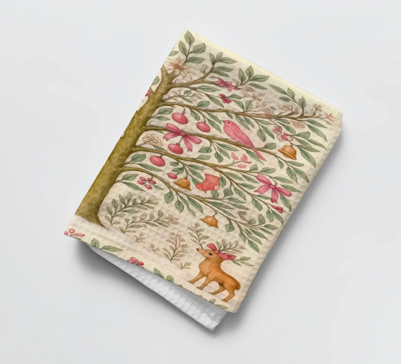 Stravagante albero di Natale rosa con cervi, uccelli e fiocchi canovaccio da cucina da GentleEchoes Dreamlight