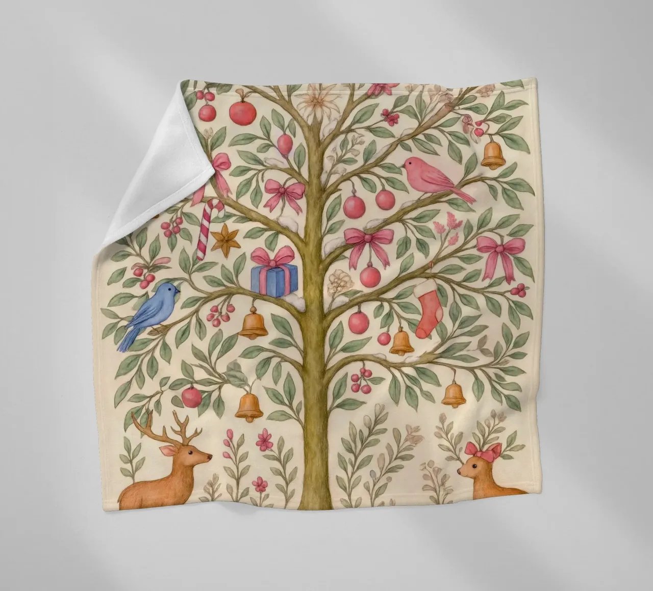 Stravagante albero di Natale rosa con cervi, uccelli e fiocchi coperta in pile da GentleEchoes Dreamlight