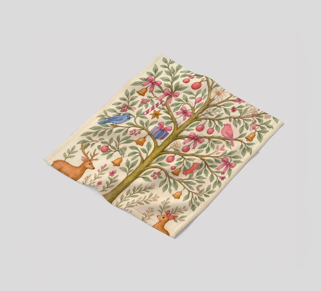 Stravagante albero di Natale rosa con cervi, uccelli e fiocchi coperta in pile da GentleEchoes Dreamlight