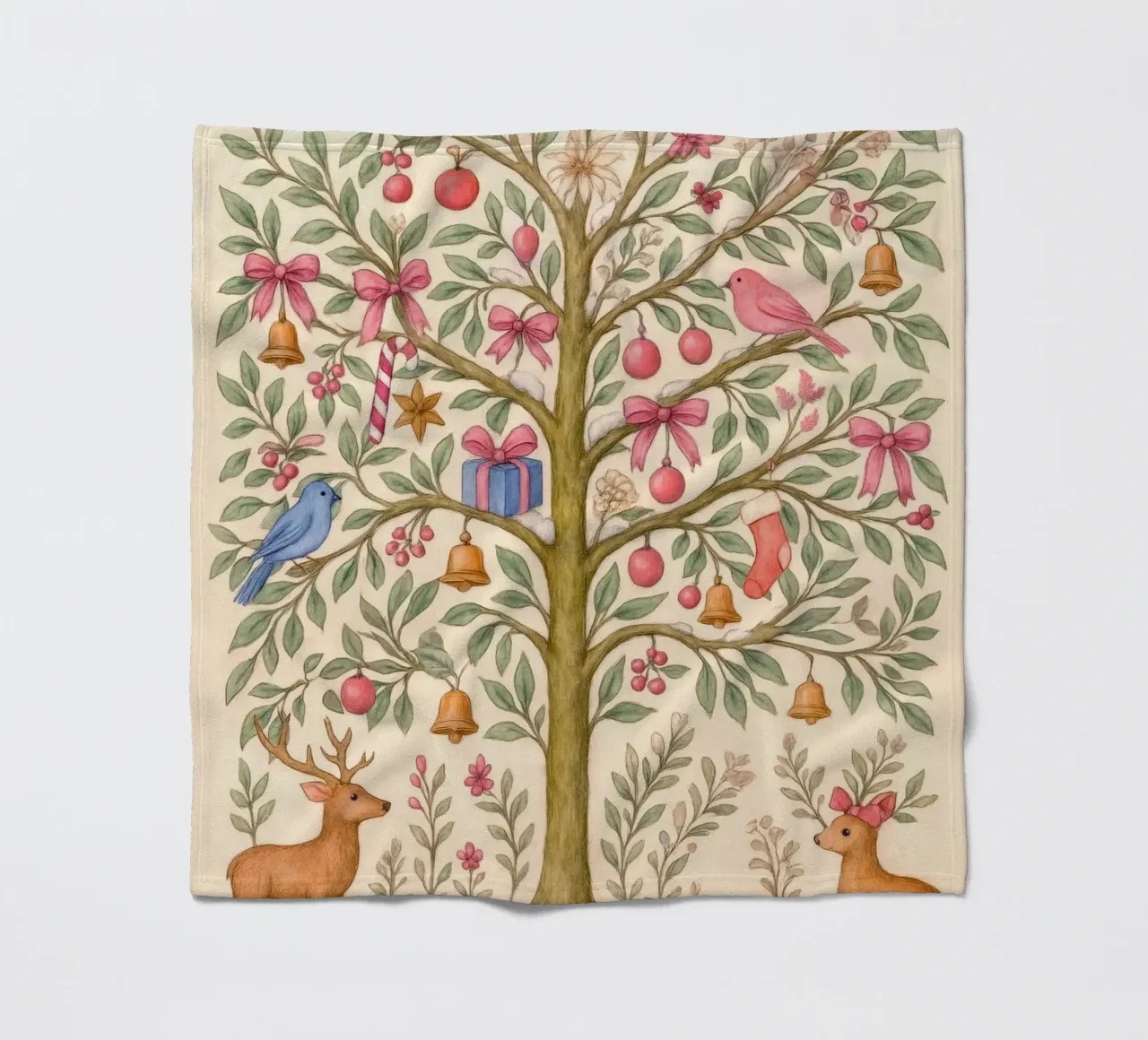 Stravagante albero di Natale rosa con cervi, uccelli e fiocchi coperta in pile da GentleEchoes Dreamlight