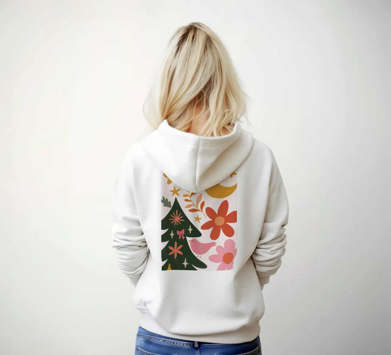 Sognante albero di Natale a forma di uccello rosa con luna, stelle e fiori felpa con cappuccio da GentleEchoes Dreamlight