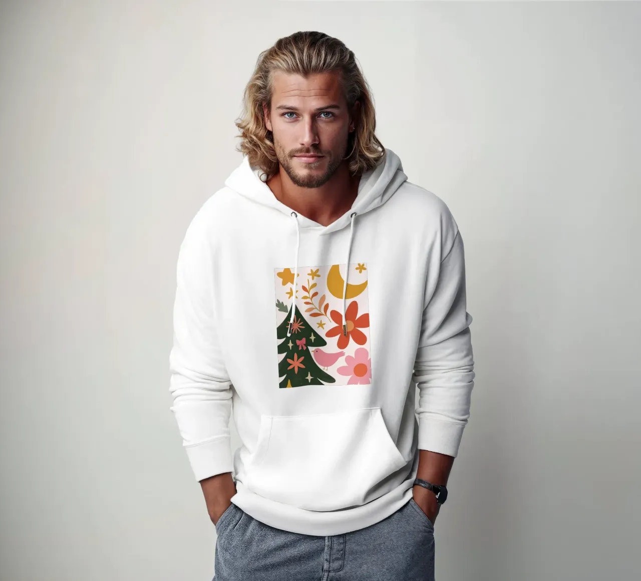 Sognante albero di Natale a forma di uccello rosa con luna, stelle e fiori felpa con cappuccio da GentleEchoes Dreamlight