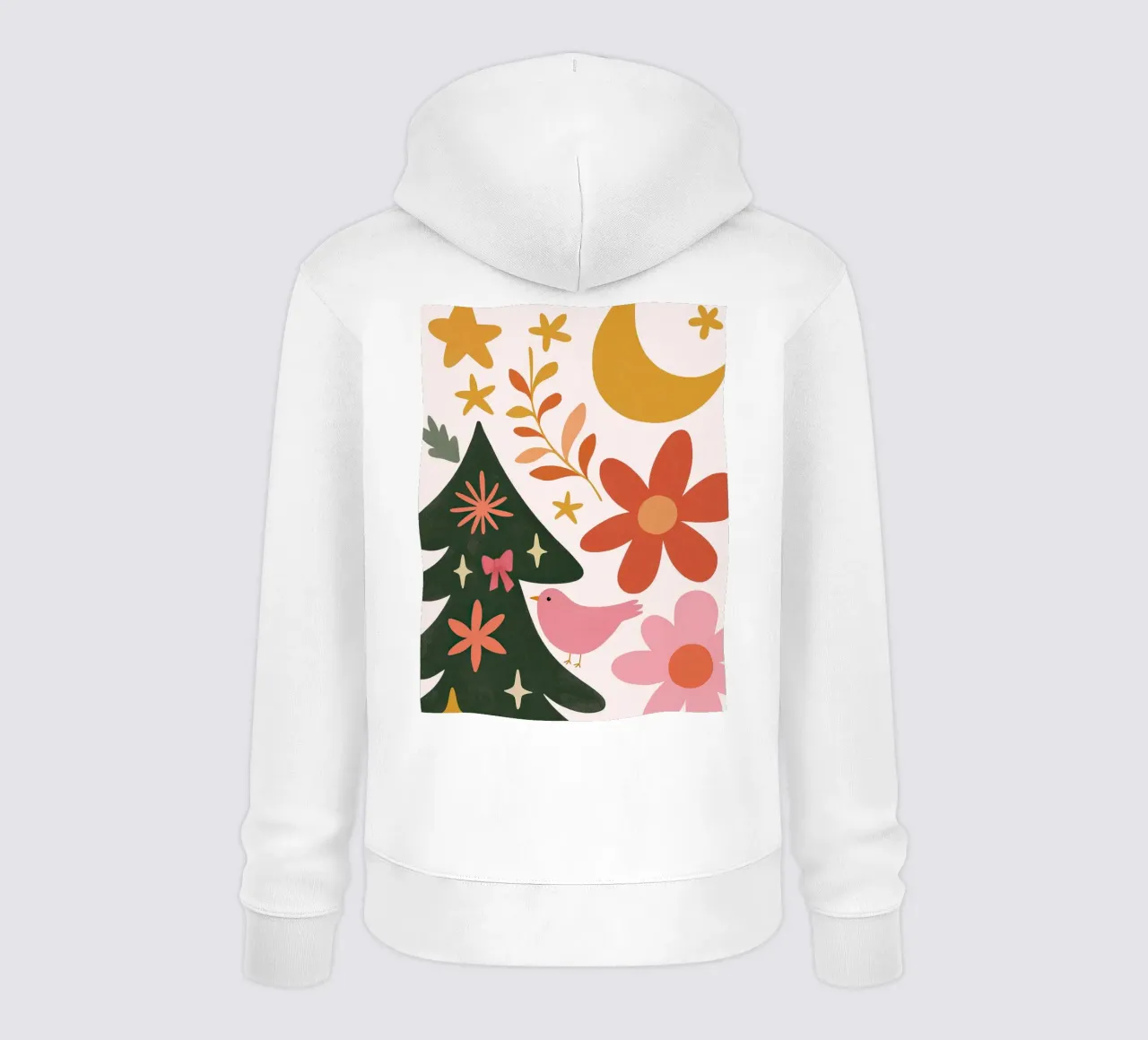 Sognante albero di Natale a forma di uccello rosa con luna, stelle e fiori felpa con cappuccio da GentleEchoes Dreamlight