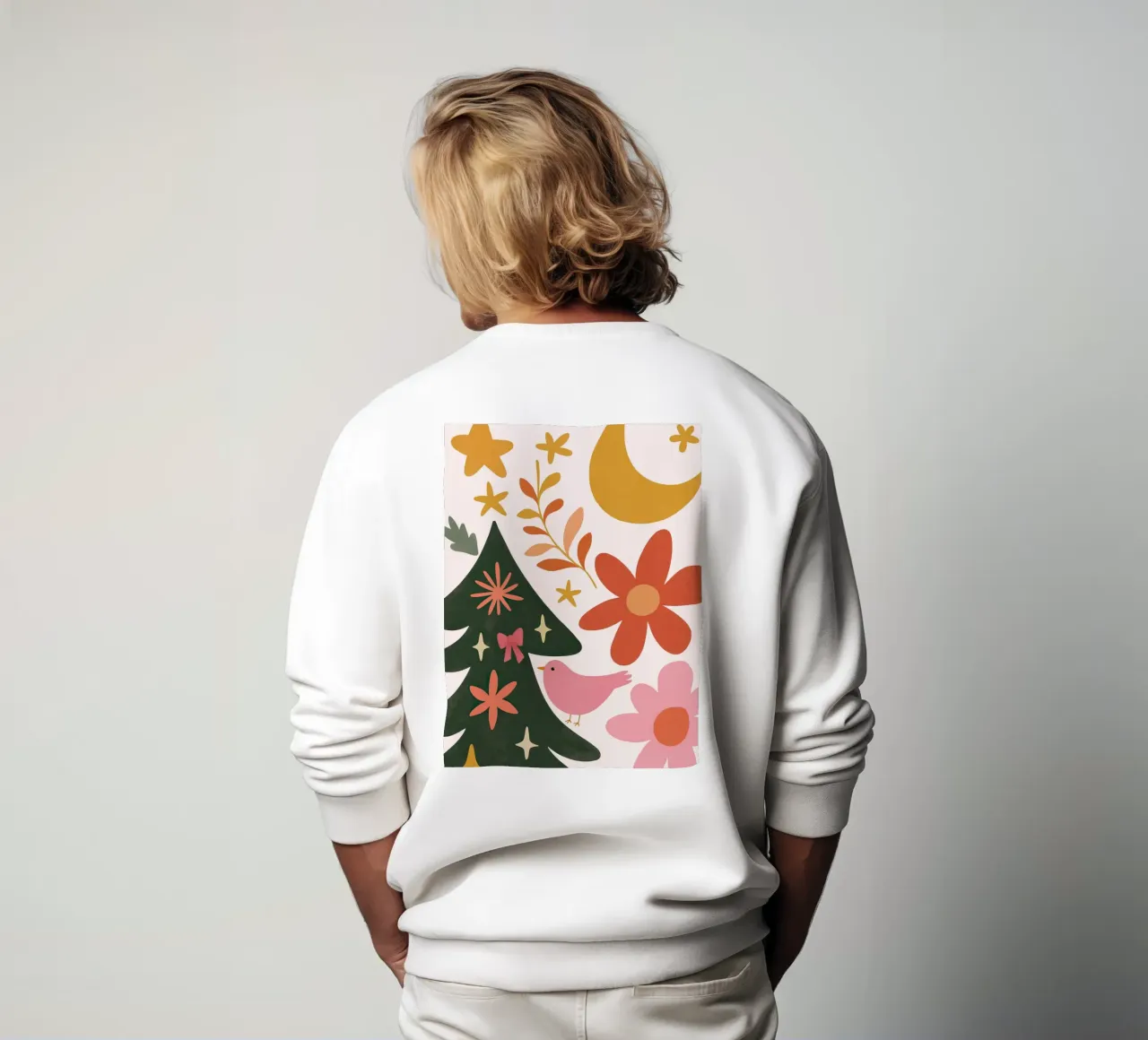 Sognante albero di Natale a forma di uccello rosa con luna, stelle e fiori felpa da GentleEchoes Dreamlight
