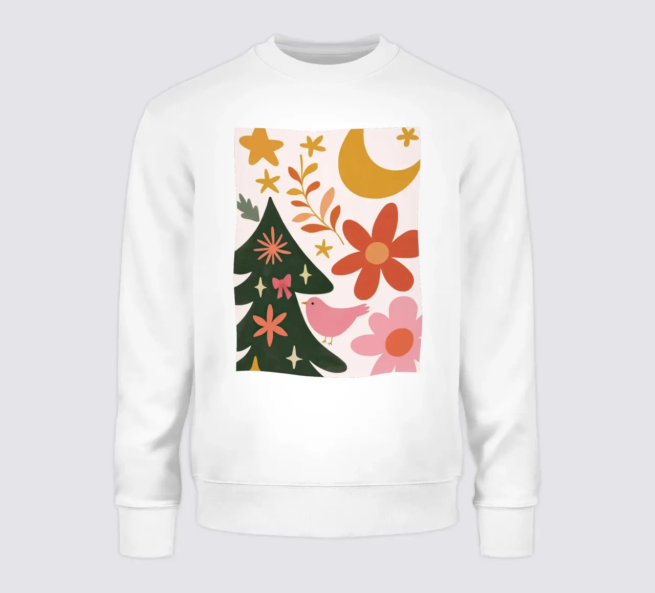 Sognante albero di Natale a forma di uccello rosa con luna, stelle e fiori felpa da GentleEchoes Dreamlight