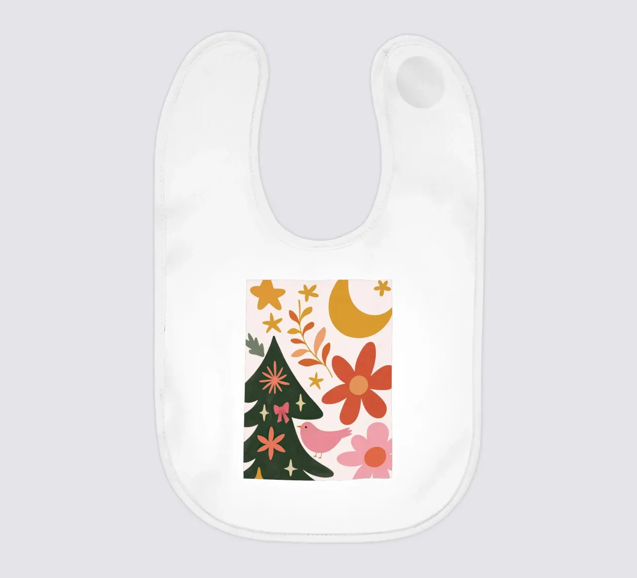 Sognante albero di Natale a forma di uccello rosa con luna, stelle e fiori bavaglino da GentleEchoes Dreamlight