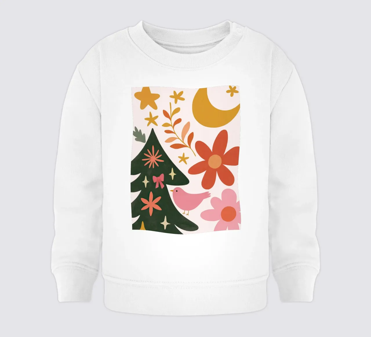 Sognante albero di Natale a forma di uccello rosa con luna, stelle e fiori felpa neonato da GentleEchoes Dreamlight