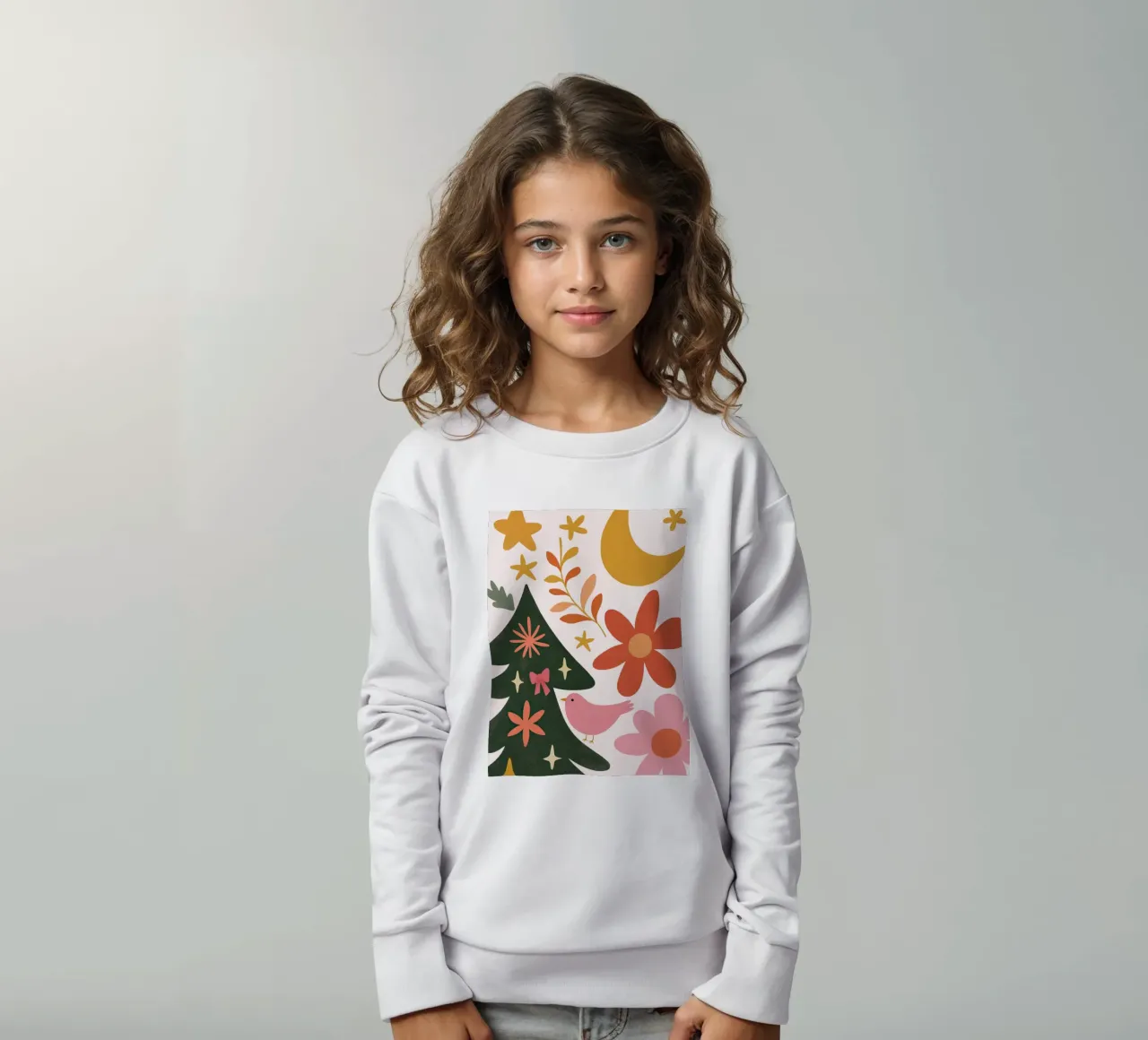 Sognante albero di Natale a forma di uccello rosa con luna, stelle e fiori felpa bambino da GentleEchoes Dreamlight