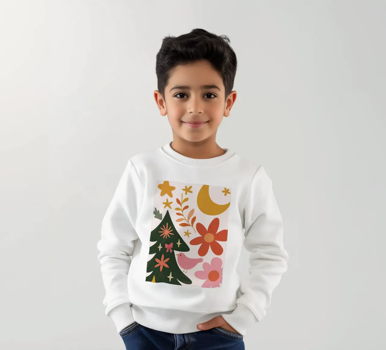 Sognante albero di Natale a forma di uccello rosa con luna, stelle e fiori felpa bambino da GentleEchoes Dreamlight