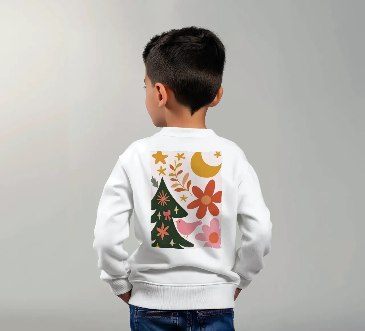 Sognante albero di Natale a forma di uccello rosa con luna, stelle e fiori felpa bambino da GentleEchoes Dreamlight