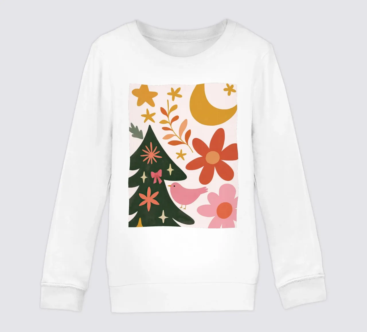 Sognante albero di Natale a forma di uccello rosa con luna, stelle e fiori felpa bambino da GentleEchoes Dreamlight
