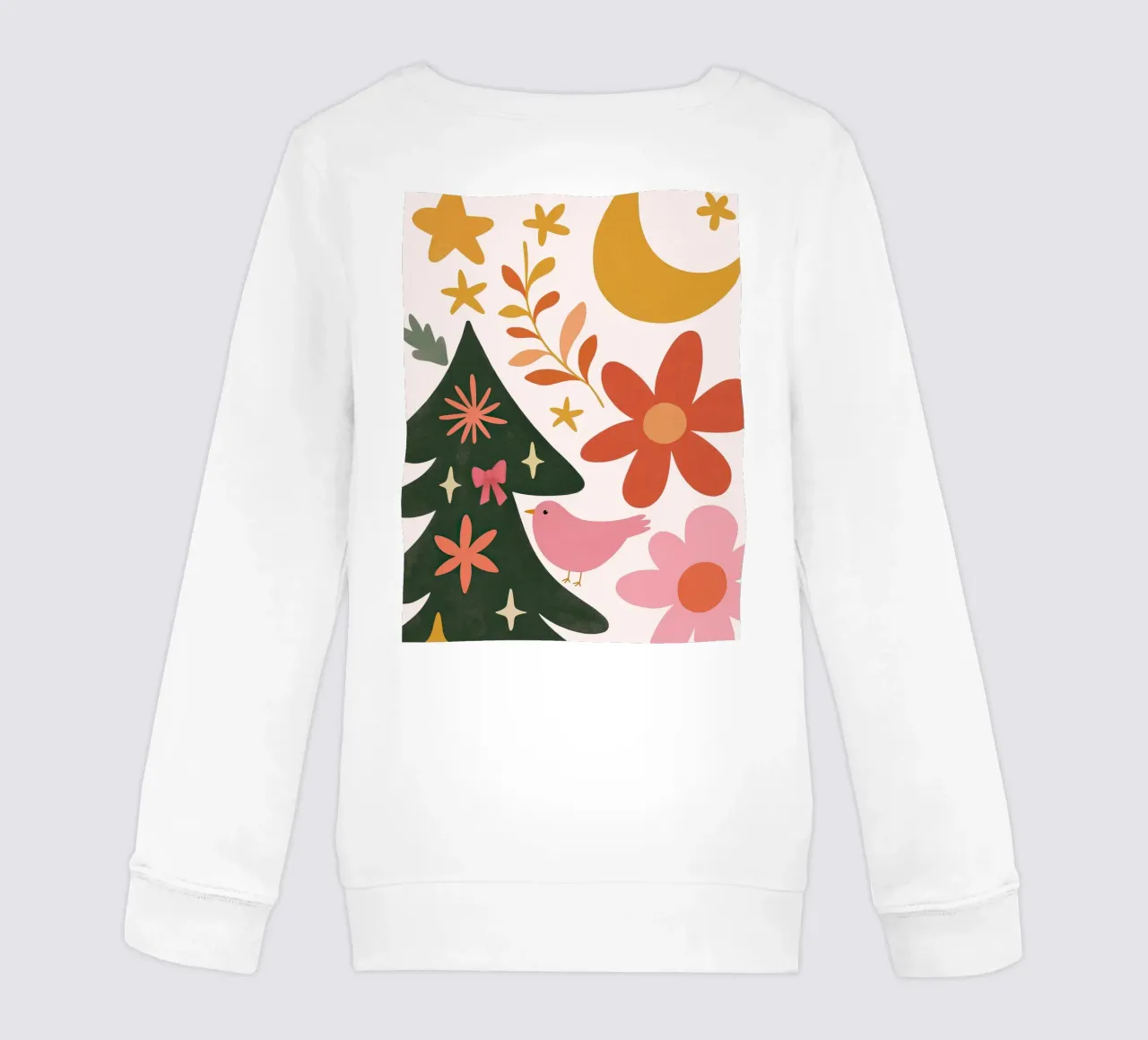 Sognante albero di Natale a forma di uccello rosa con luna, stelle e fiori felpa bambino da GentleEchoes Dreamlight