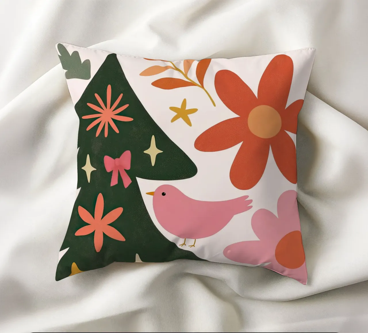 Sognante albero di Natale a forma di uccello rosa con luna, stelle e fiori cuscino da GentleEchoes Dreamlight
